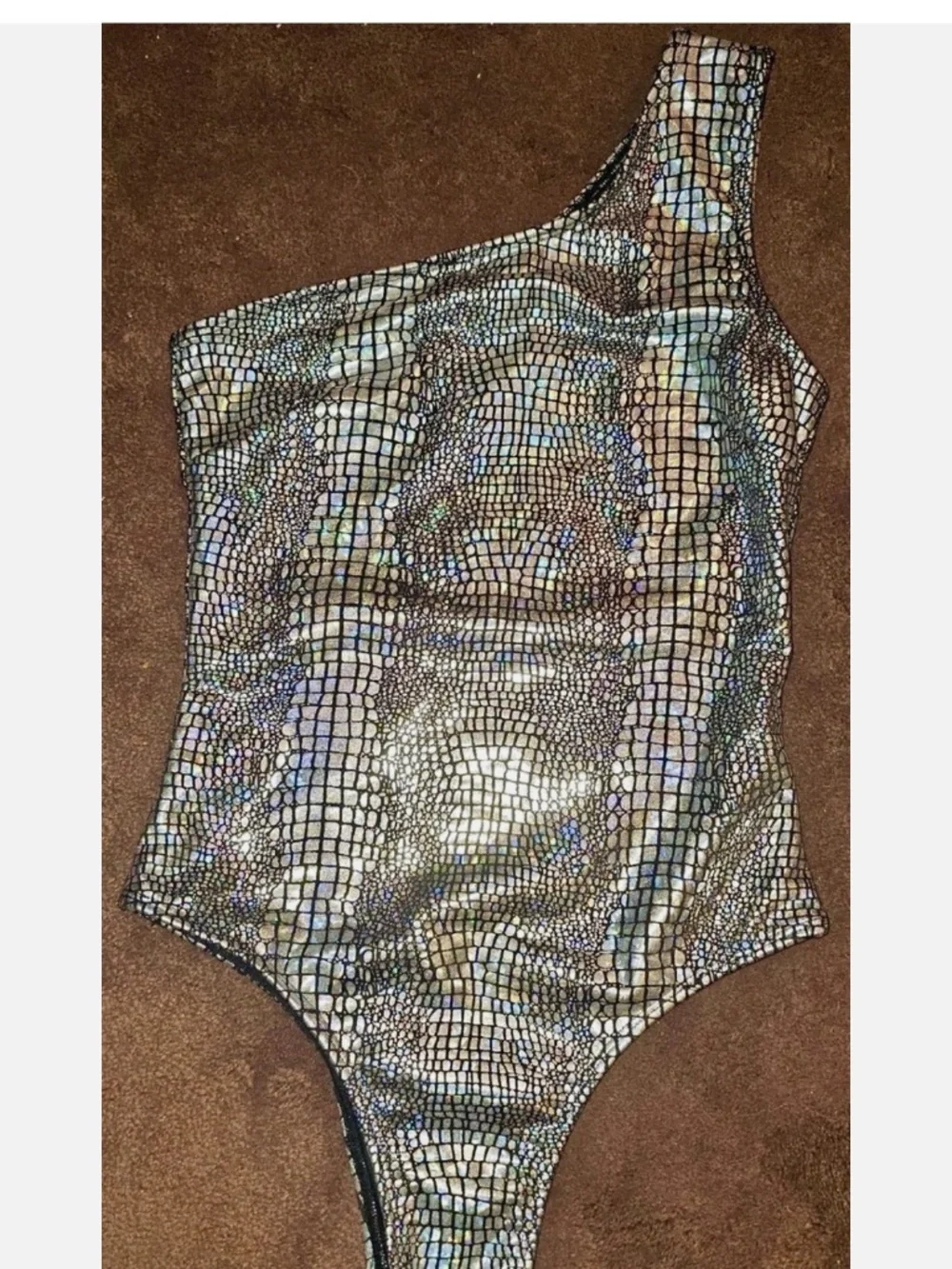 Metallic Snakeskin One-Shoulder Swimsuit | Size Small